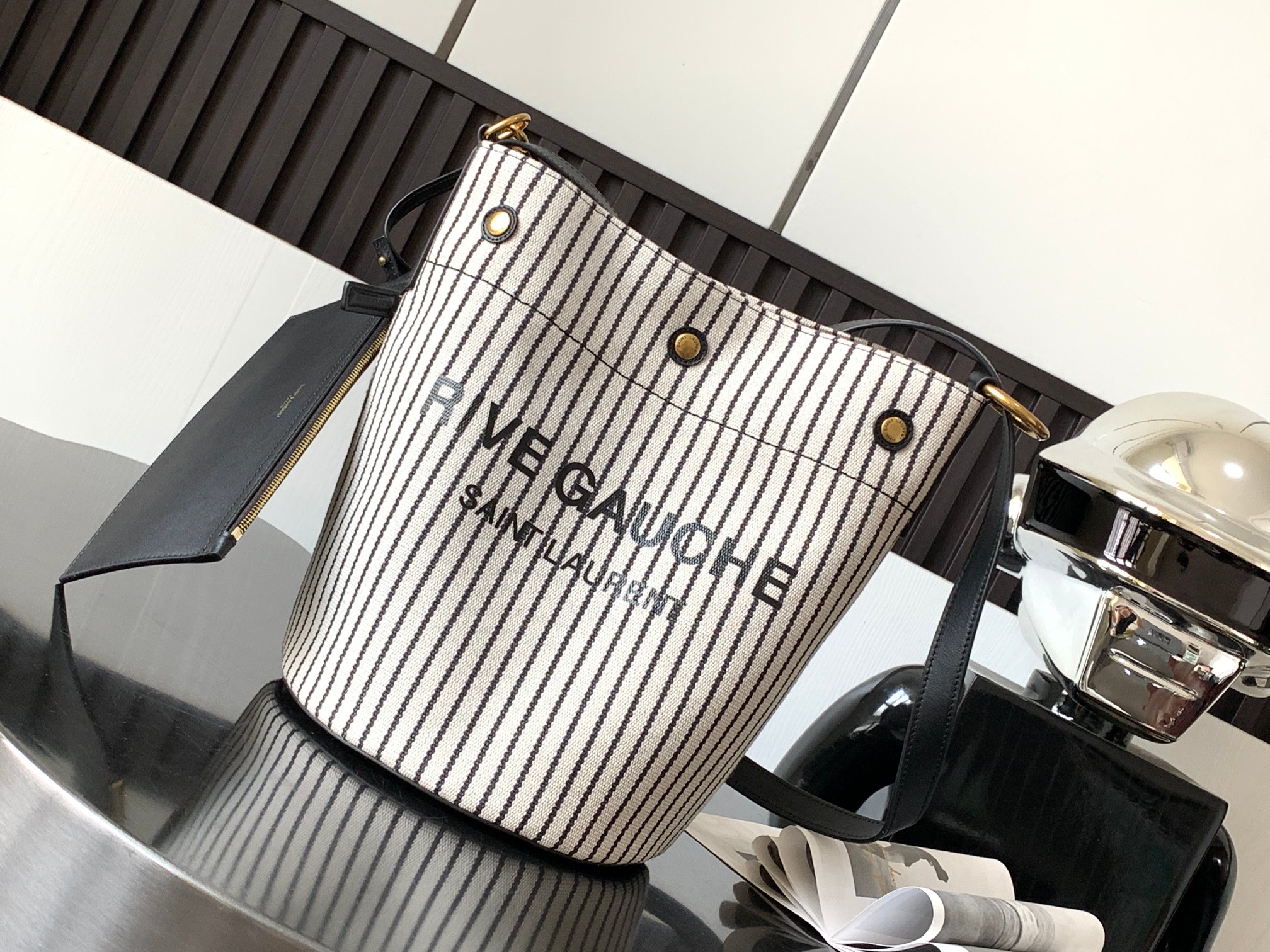 RIVE GAUCHE 条纹 麻布 水桶包 牛皮 肩带
