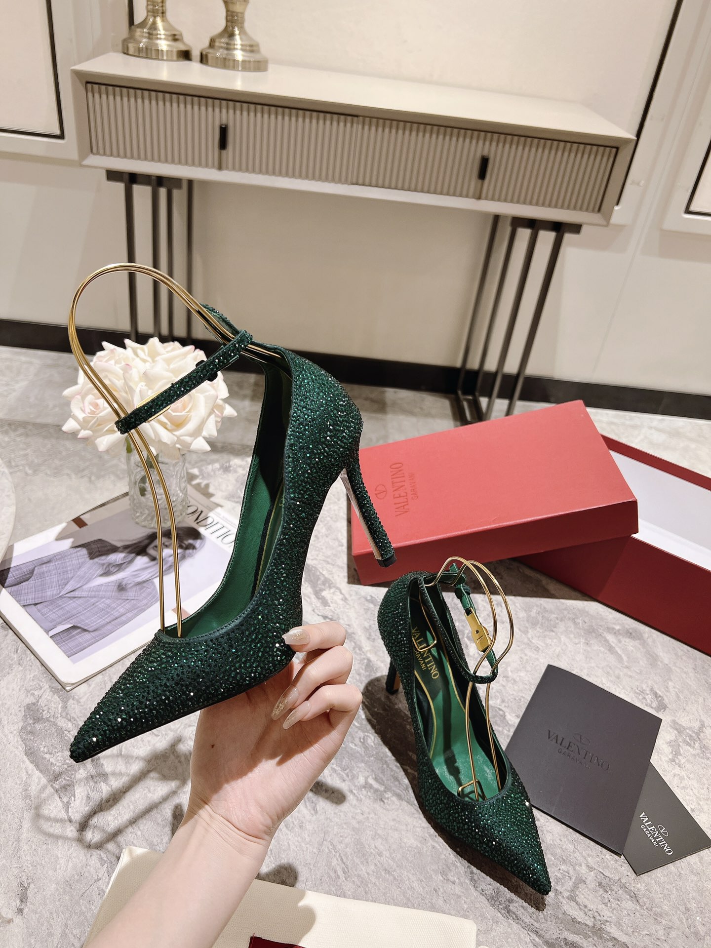 VALENTINO Women's Crystal Embellished Pumps Pointed Toe Ankle Strap Heel 4 i1680167903 3531 2