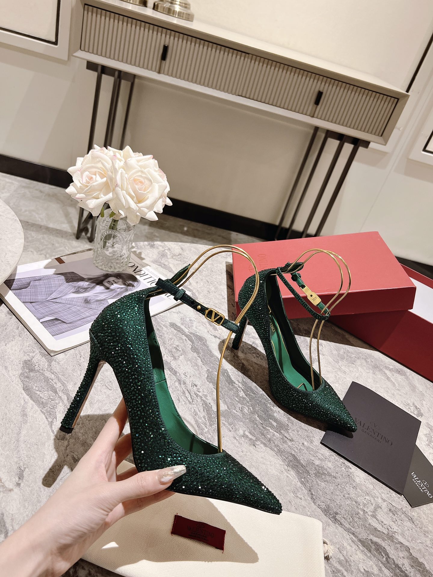 VALENTINO Women's Crystal Embellished Pumps Pointed Toe Ankle Strap Heel 3 i1680167903 3685 1