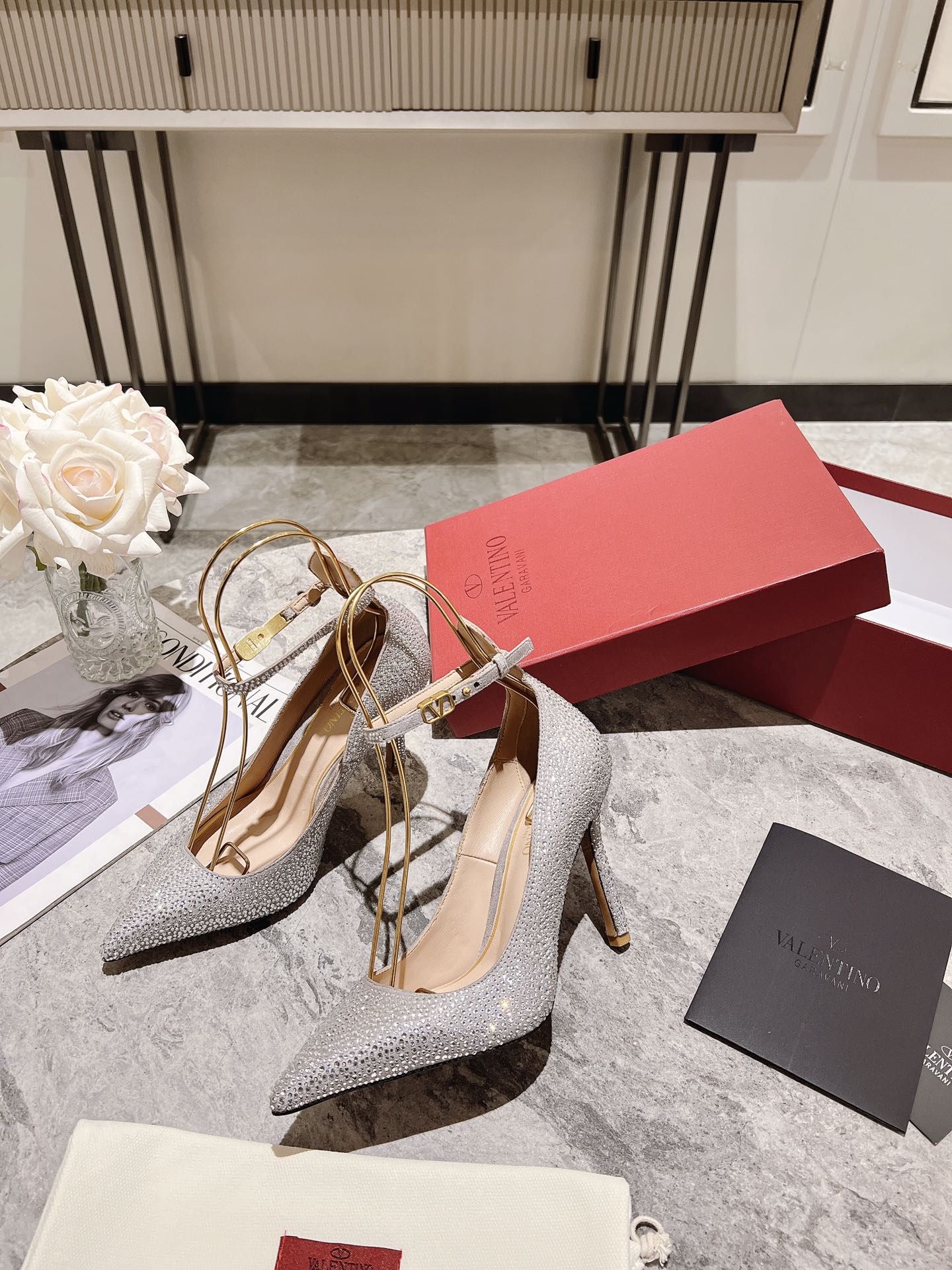 VALENTINO Women's Rhinestone Pointed Toe High Heel Ankle Strap Pumps