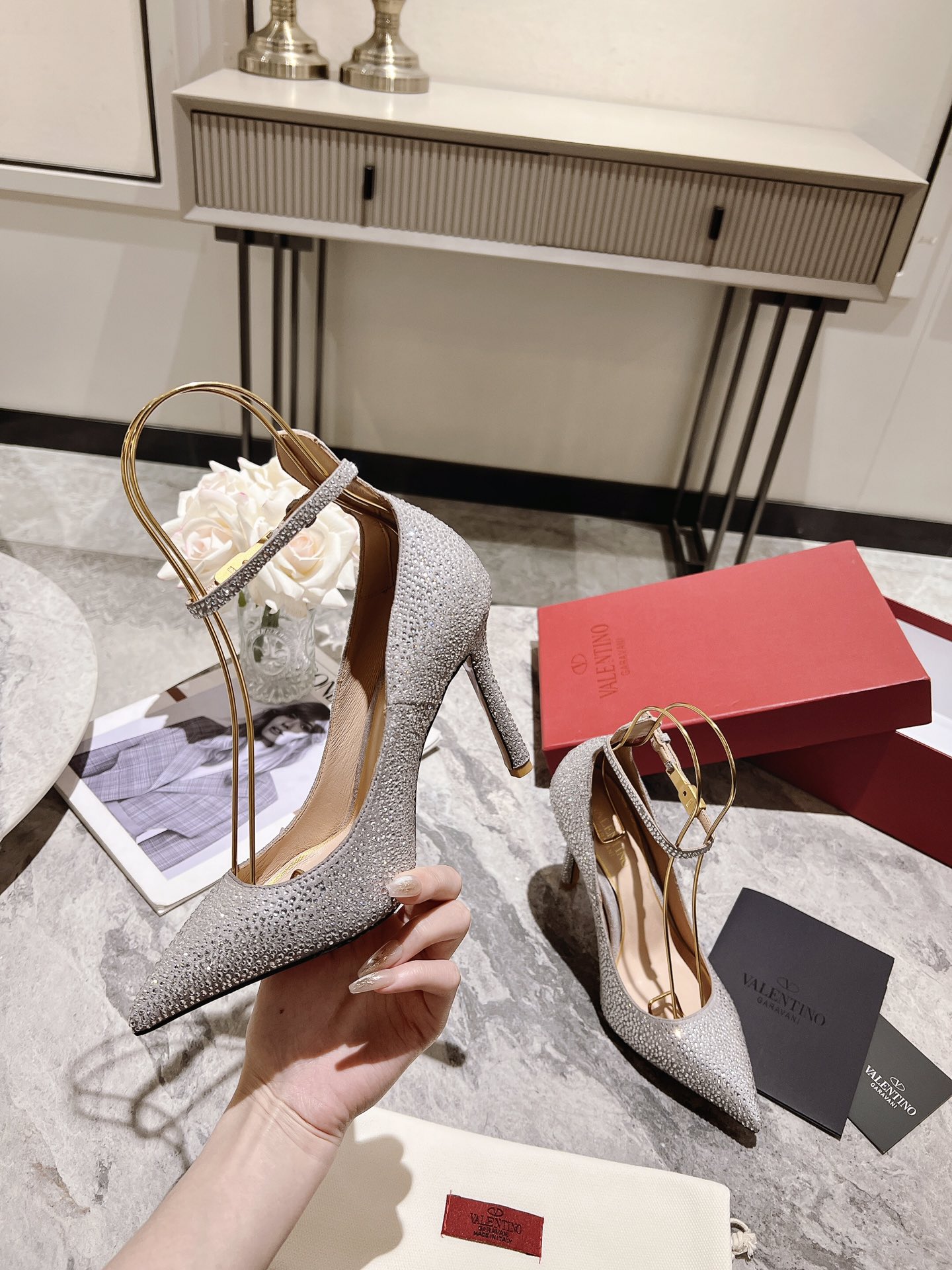 VALENTINO Women's Rhinestone Pointed Toe High Heel Ankle Strap Pumps 4 i1680168155 9818 3