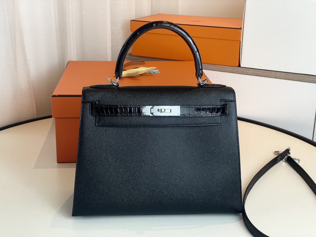 Hermes Kelly Handbags Crossbody & Shoulder Bags Black Silver Hardware Crocodile Leather Epsom