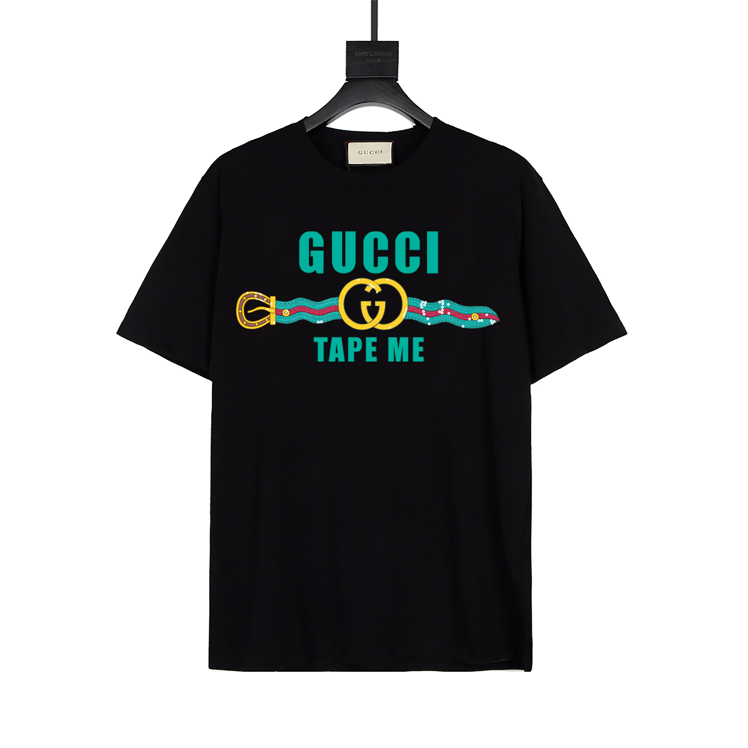 Último modelo de cinturón de primavera-verano de GUCCI, camiseta de manga corta con cuello redondo y logotipo de impres…