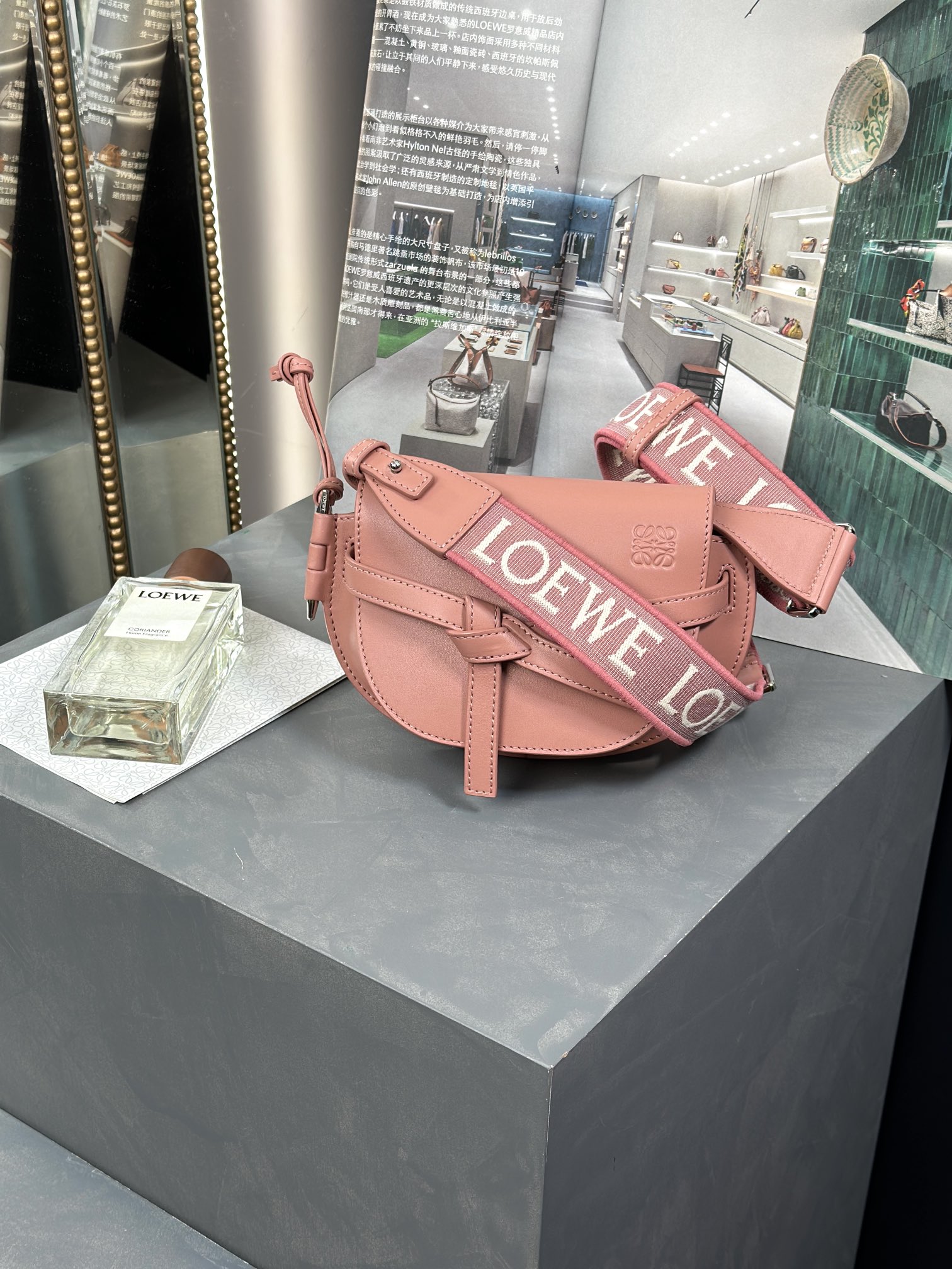 Loewe Gate Dual Bags Handbags Pink Printing Calfskin Canvas Chamois Cowhide Casual