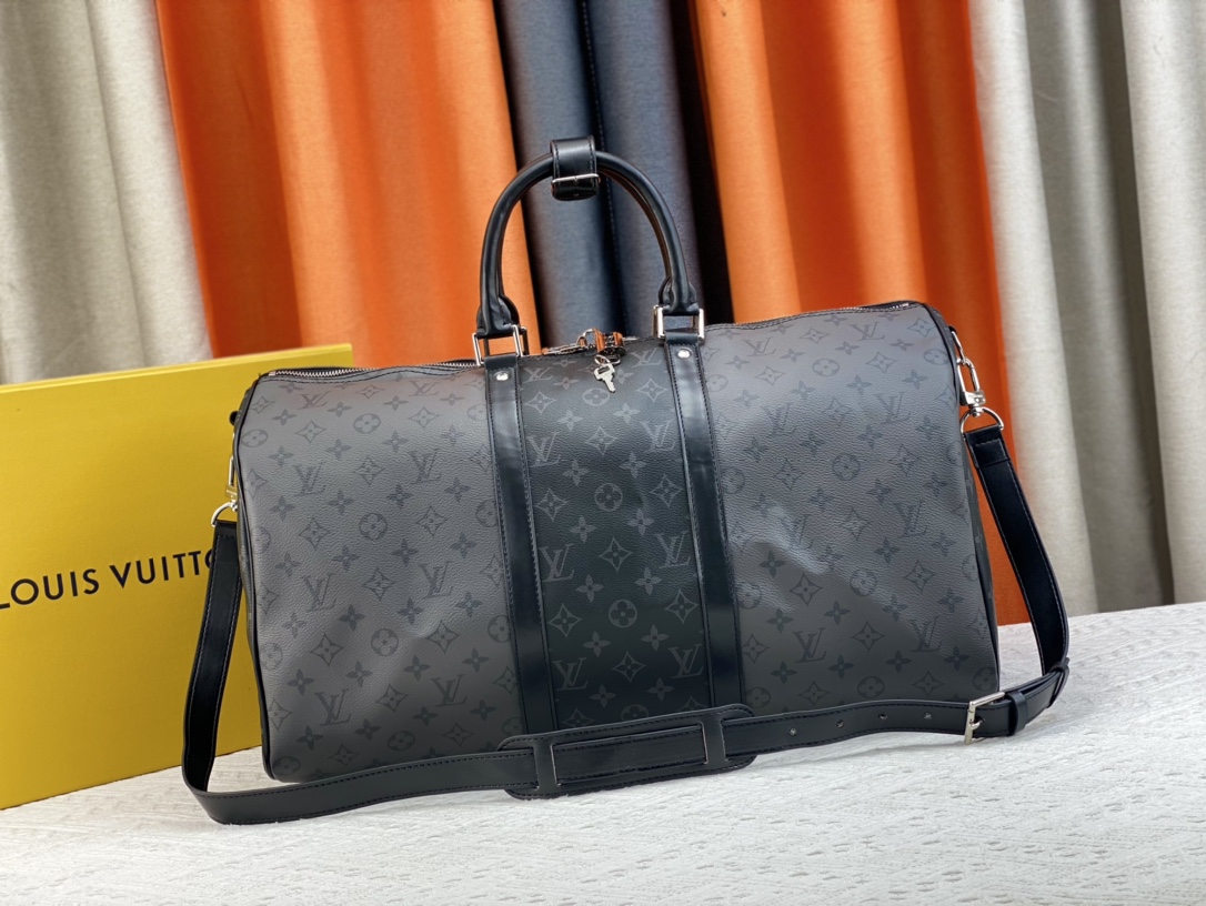 Louis Vuitton LV Keepall Travel Bags AAA+ Replica
 Black Silver Monogram Canvas Cowhide Fabric M45392