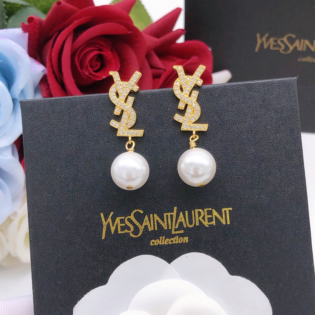 NO:104883,No. YED0010 YSL Saint Laurent earrings gold diamond hanging pearls, jewelry fine, saint laurent, saint laurent19860909编号YED0010 YSL圣罗兰耳钉金色镶钻吊珍珠,饰品精品,saint laurent,saint laurent,Jewelry