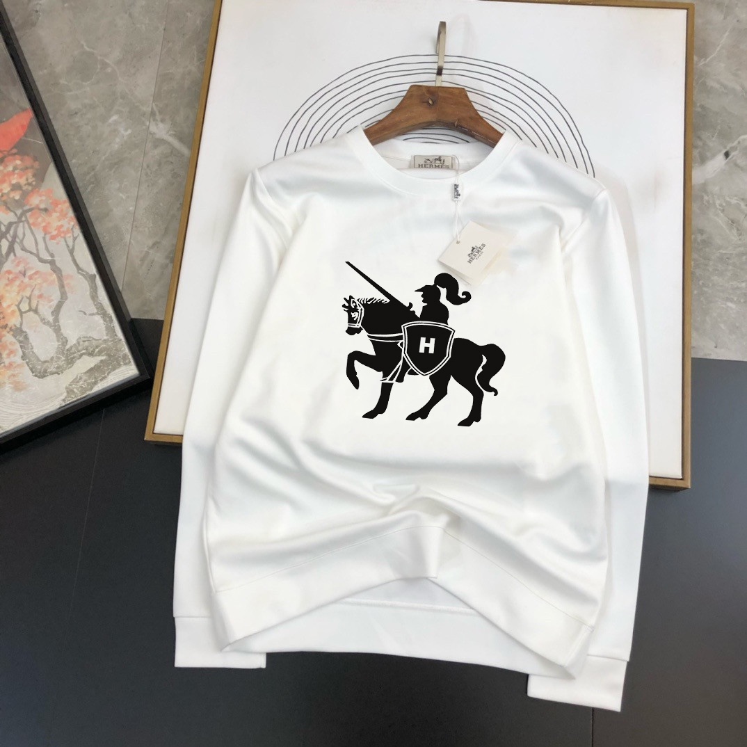 Hermes Clothing Sweatshirts Black White Printing Unisex Cotton Spring Collection