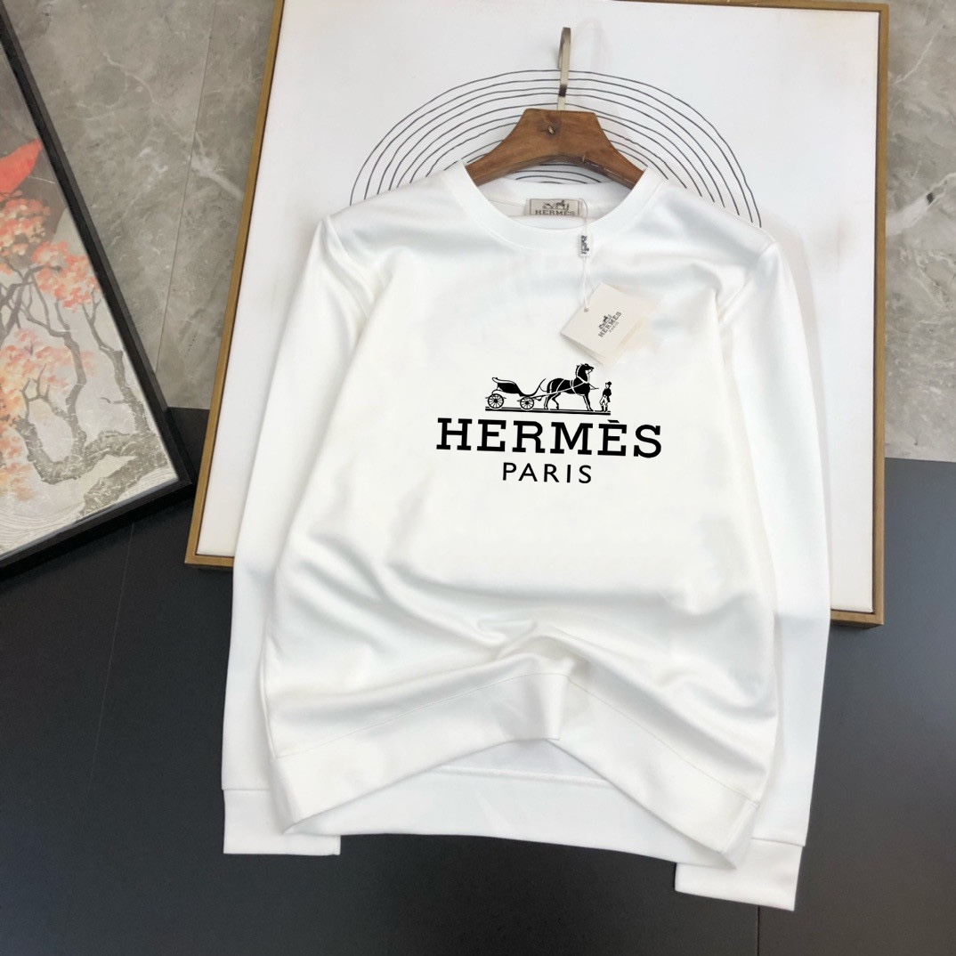 Hermes Clothing Sweatshirts Black White Printing Unisex Cotton Spring Collection