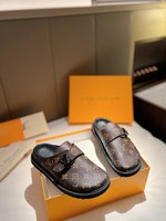 Louis Vuitton Shoes Half Slippers Splicing Unisex Cowhide Rubber Sheepskin Fashion Casual