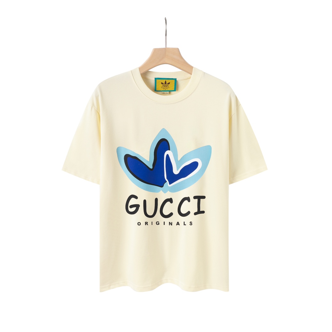 160 GUCCI古驰联名Adidas三叶草2023春夏蓝色爱心卡通字母logo短袖T恤