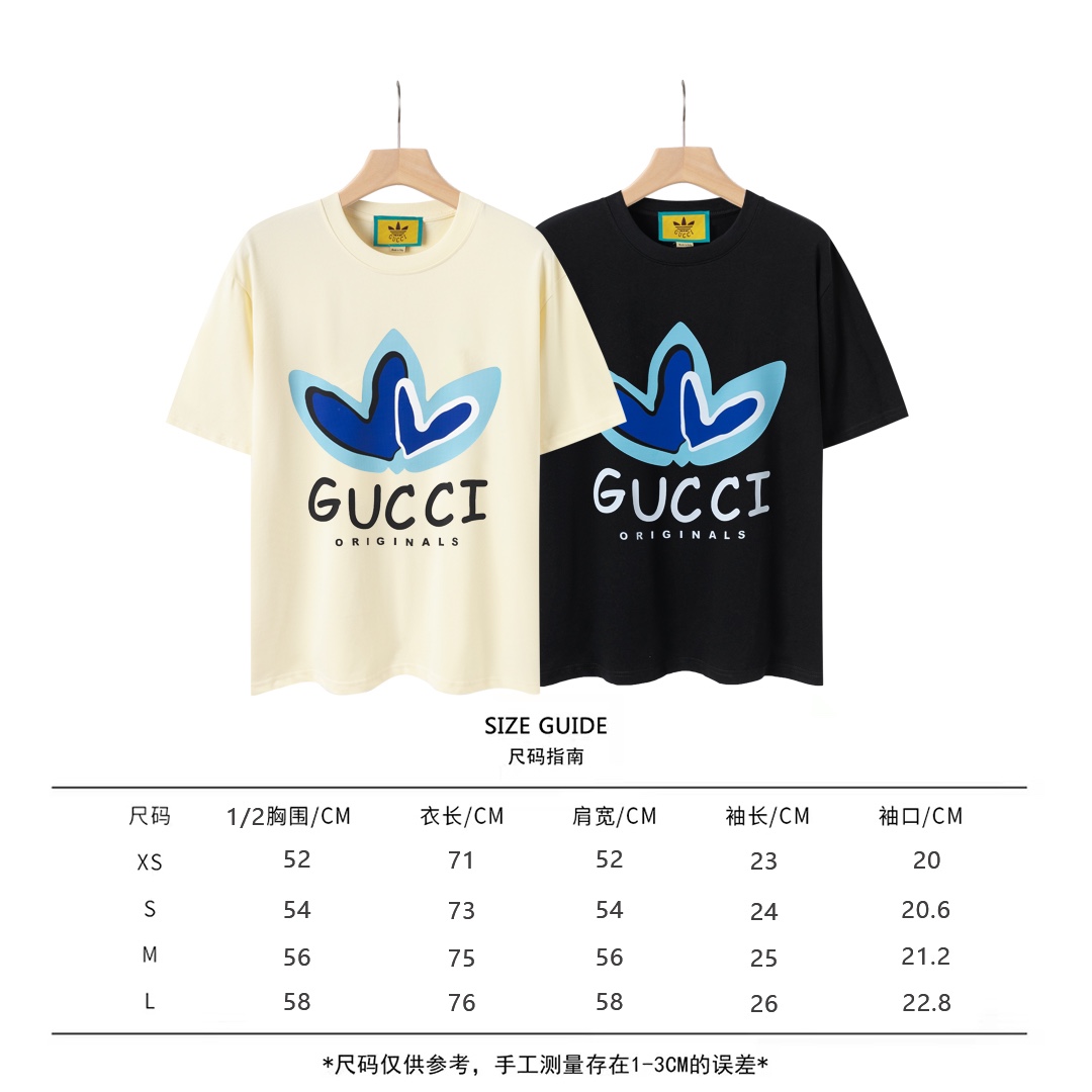 160 GUCCI古驰联名Adidas三叶草2023春夏蓝色爱心卡通字母logo短袖T恤