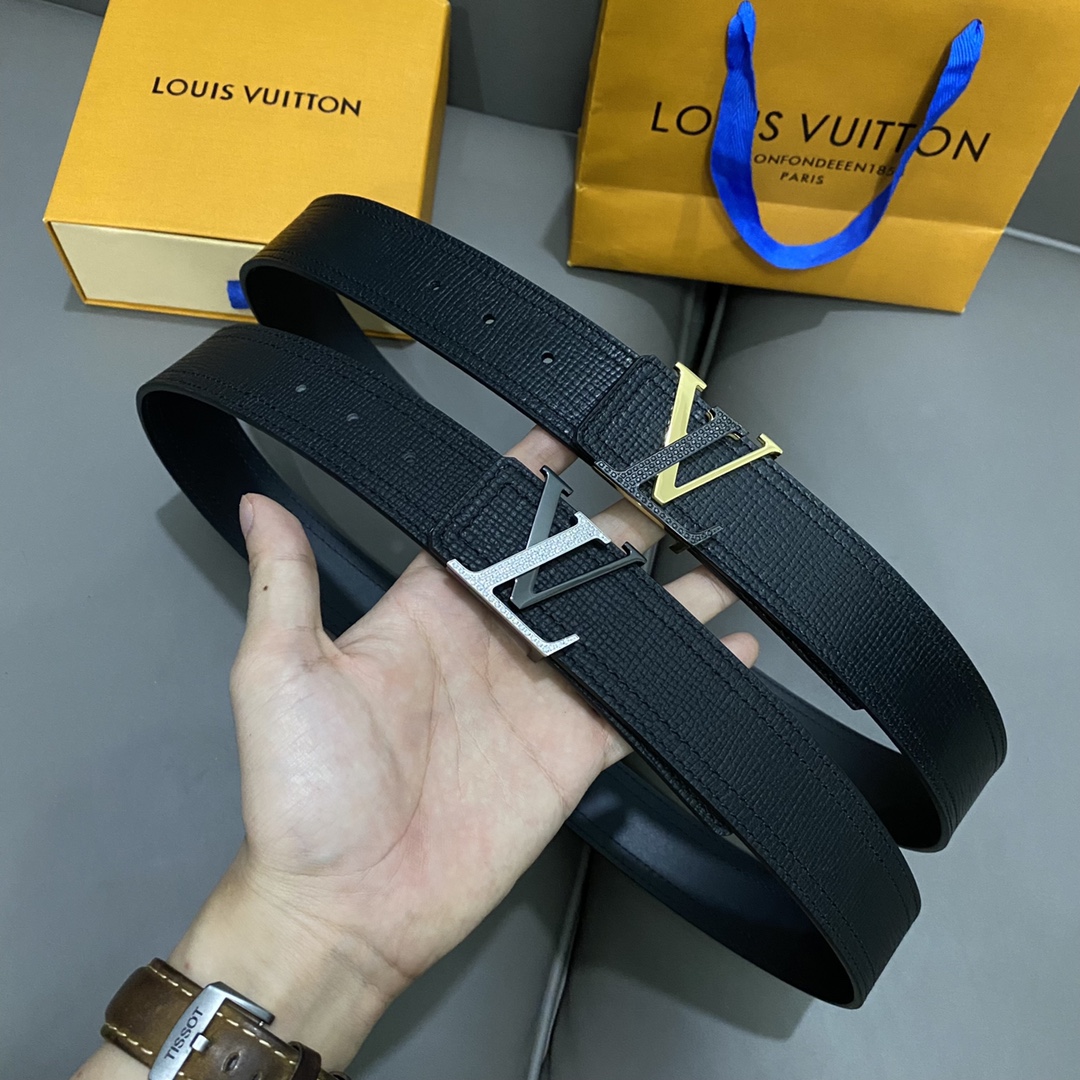 Louis Vuitton Belts Black Chocolate color Gold Calfskin Cowhide