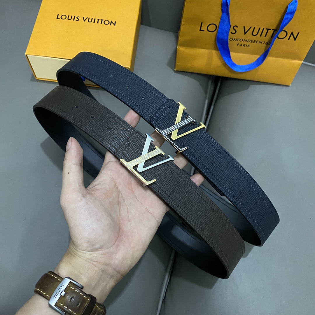 Louis Vuitton Belts Black Chocolate color Gold Calfskin Cowhide