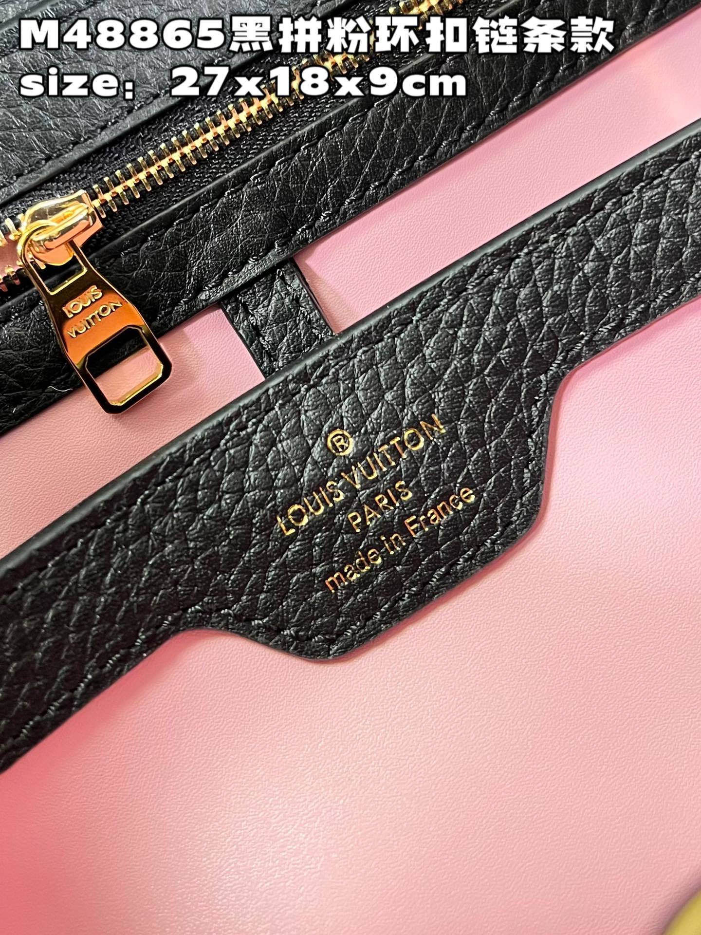 顶级原单M48865黑拼粉环扣链条款小号M21643本款CapucinesBB手袋取材Taurillon