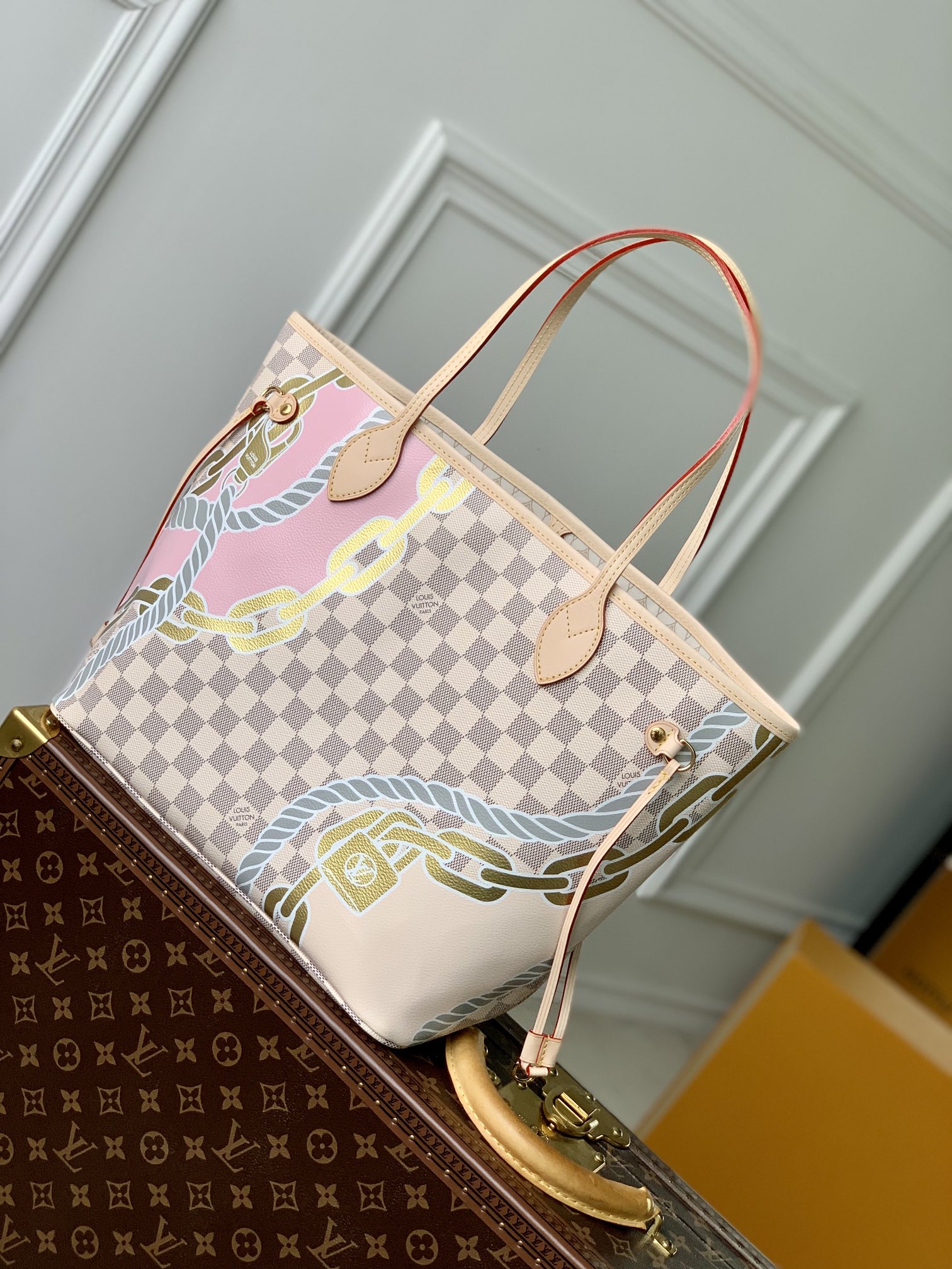 Louis Vuitton LV Neverfull Bags Handbags Printing Damier Azur Canvas Chains N40471