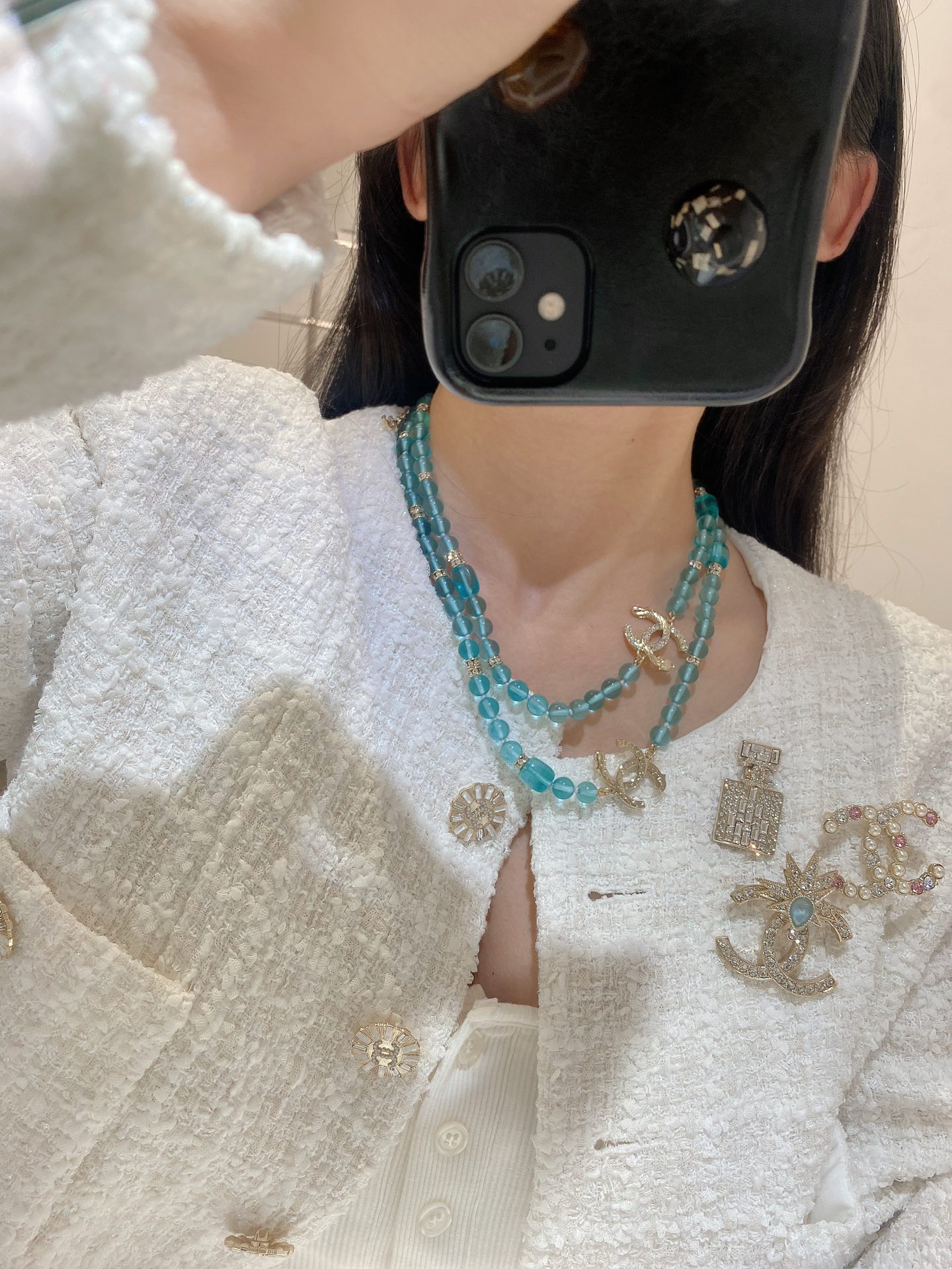 Chanel 香蓝色琉璃珠双c长毛衣链