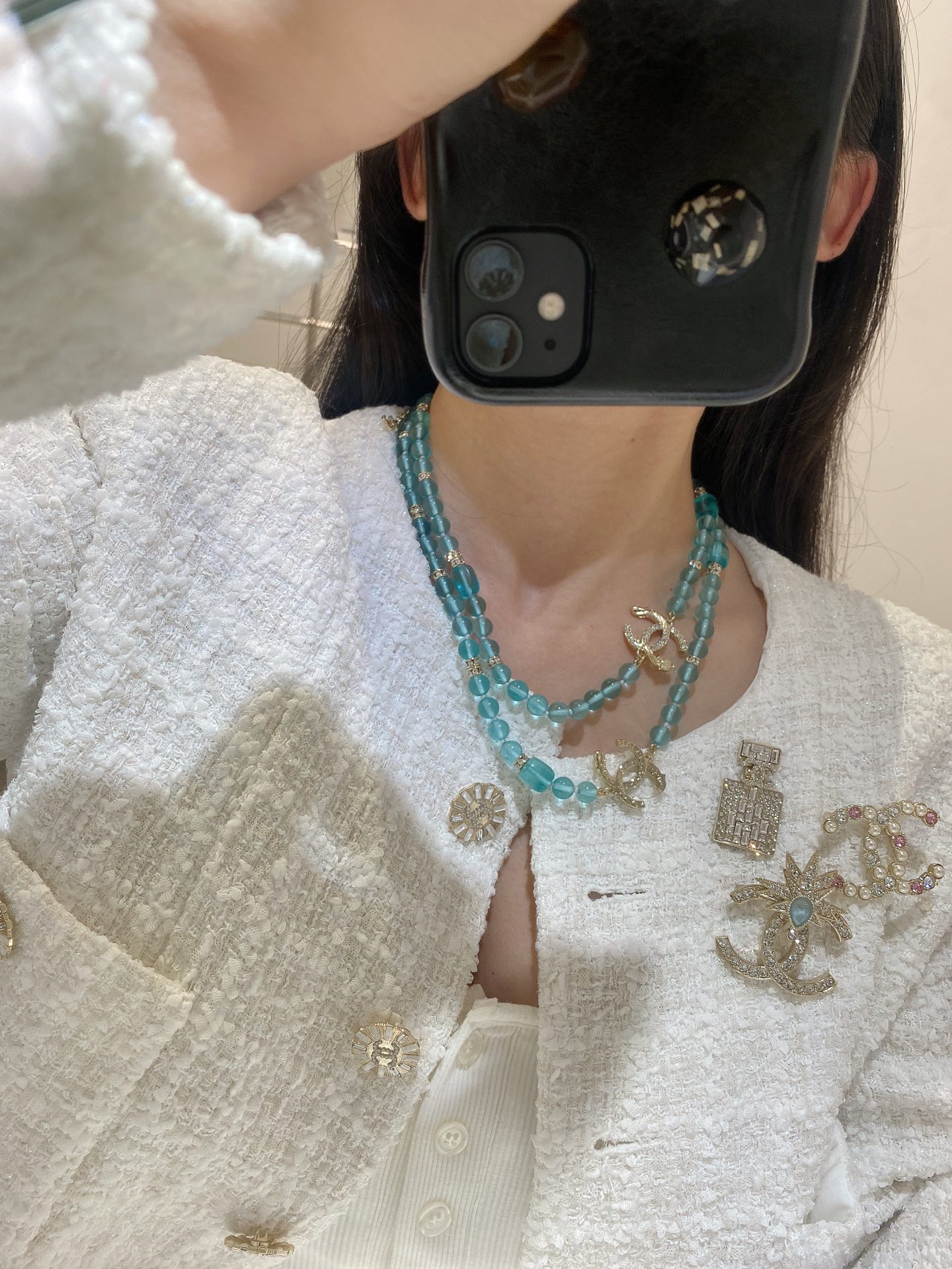 Chanel 香蓝色琉璃珠双c长毛衣链