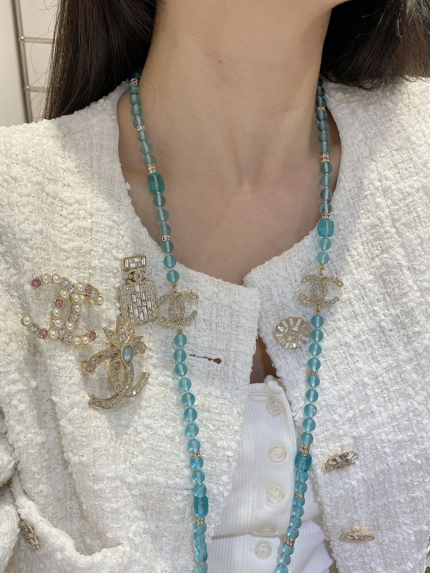 Chanel 香蓝色琉璃珠双c长毛衣链