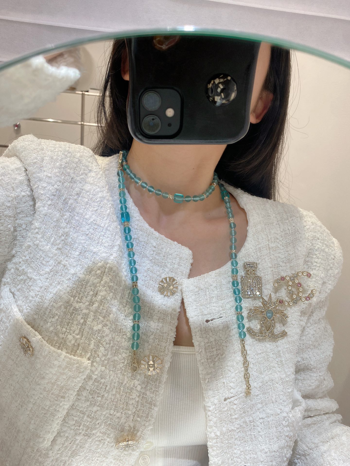 Chanel 香蓝色琉璃珠双c长毛衣链