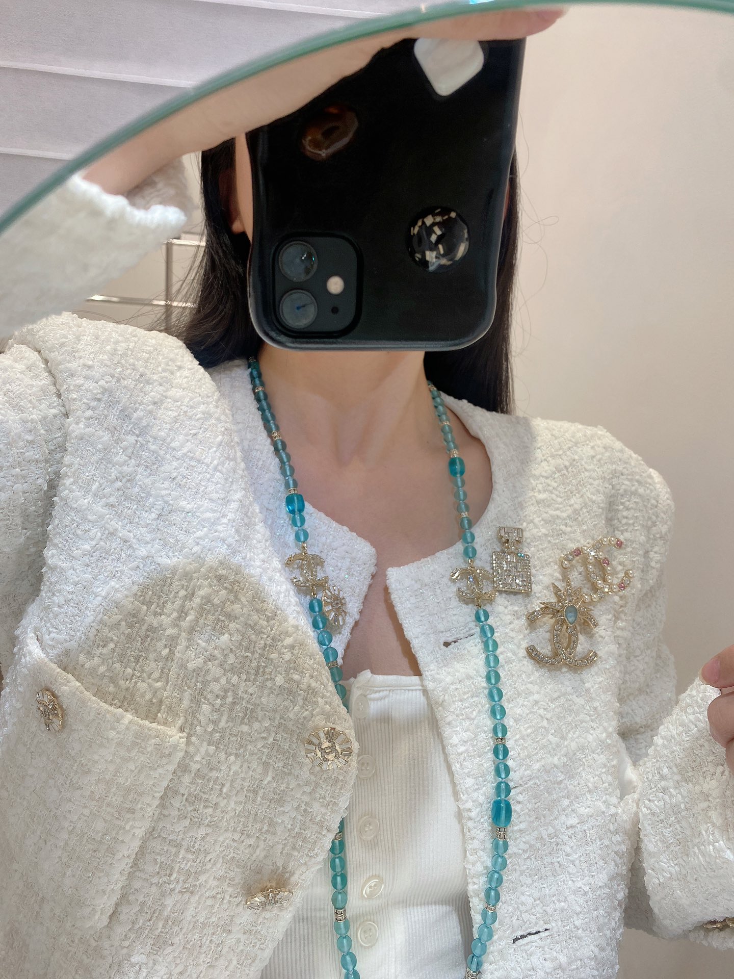 Chanel 香蓝色琉璃珠双c长毛衣链