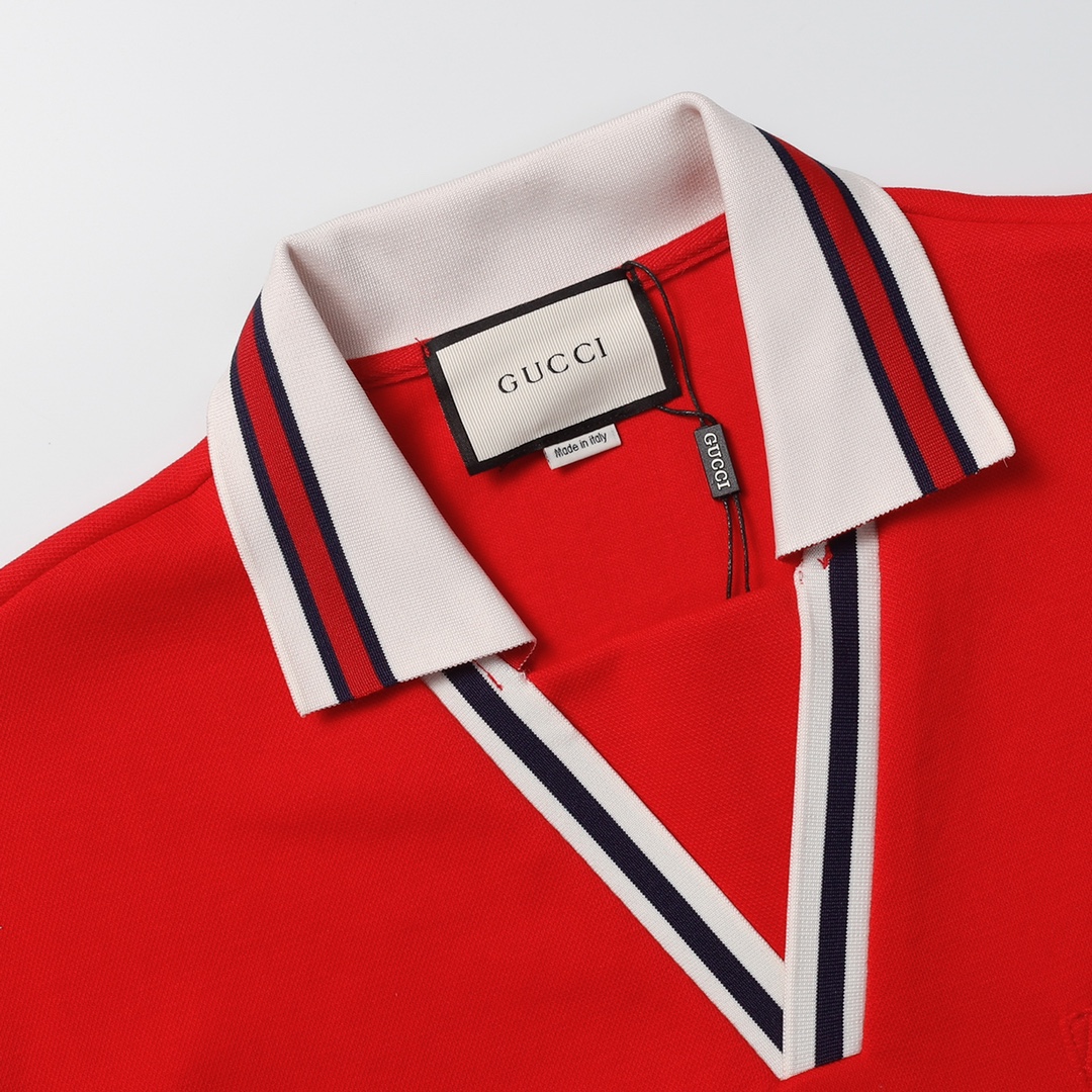 Gucci/古驰 条纹V领口袋刺绣短袖Polo杉