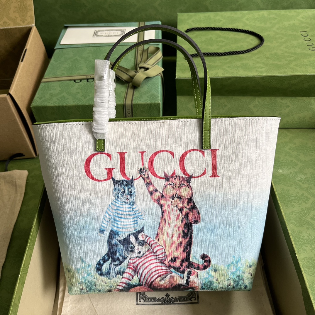 GUCCI Kids Tote Bag Three Cat Print Green