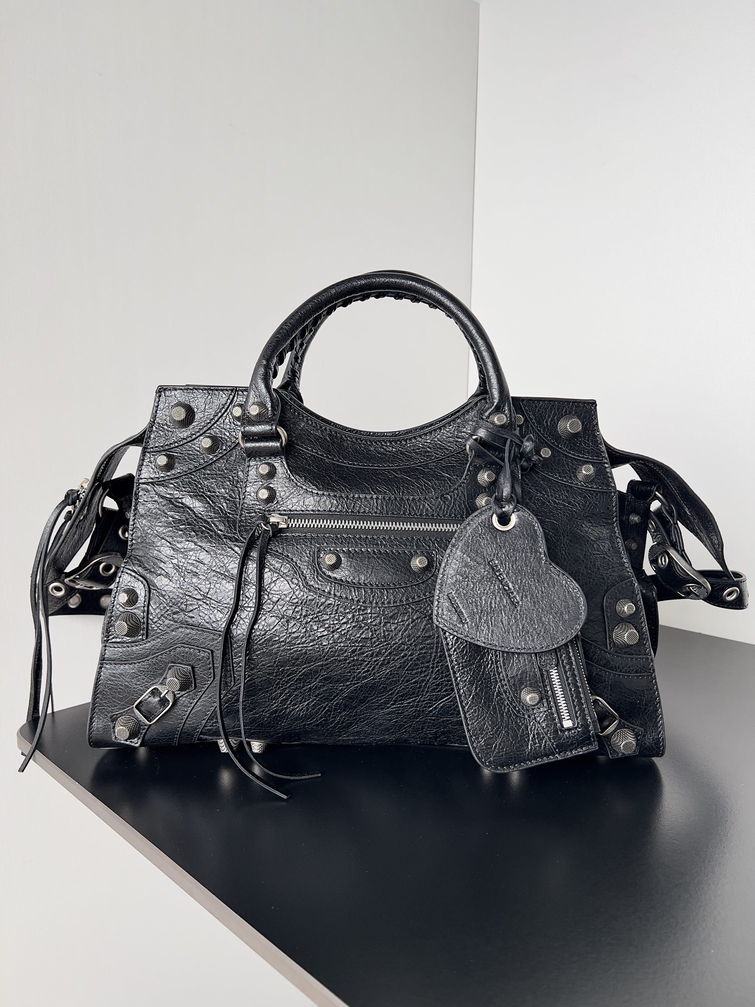 Balenciaga Motorcycle Bag Cracked Lambskin Studded Fringe Handbag