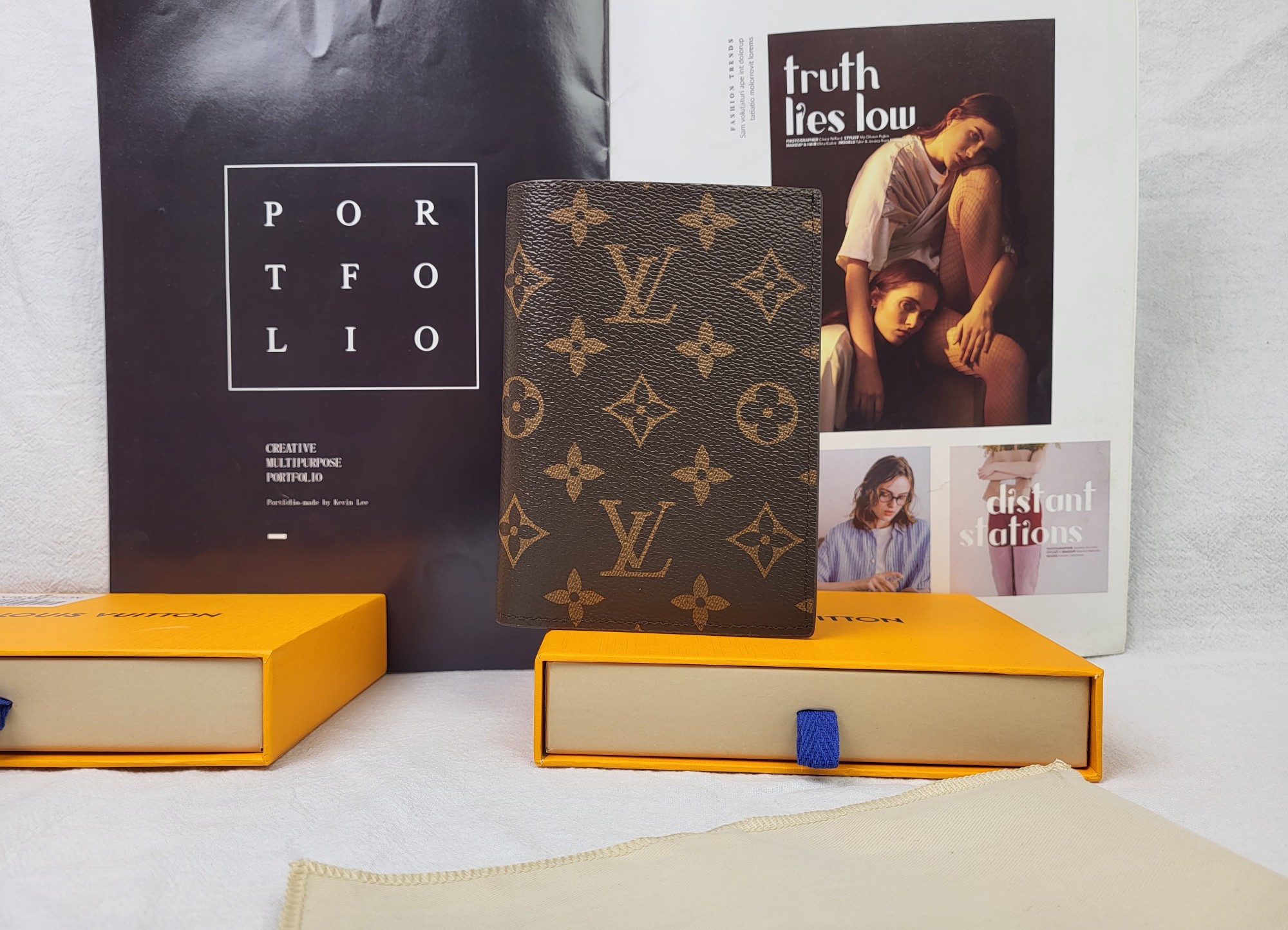 Leather passport cover open with passport inside