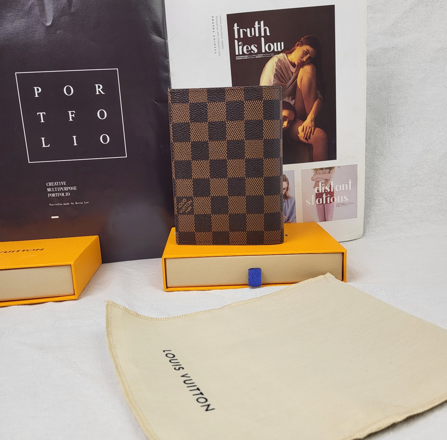 Leather passport holder open with passport