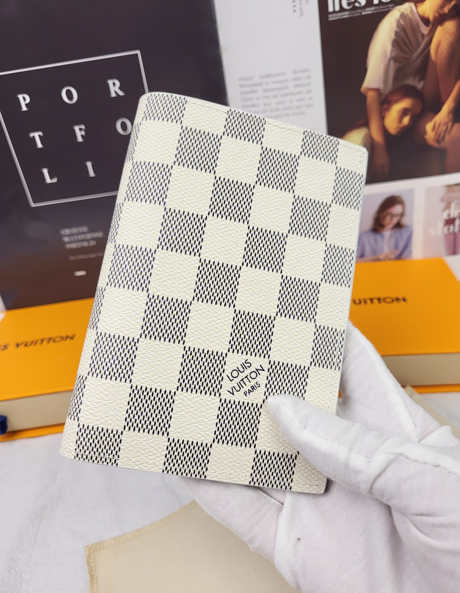 Leather passport wallet angled view