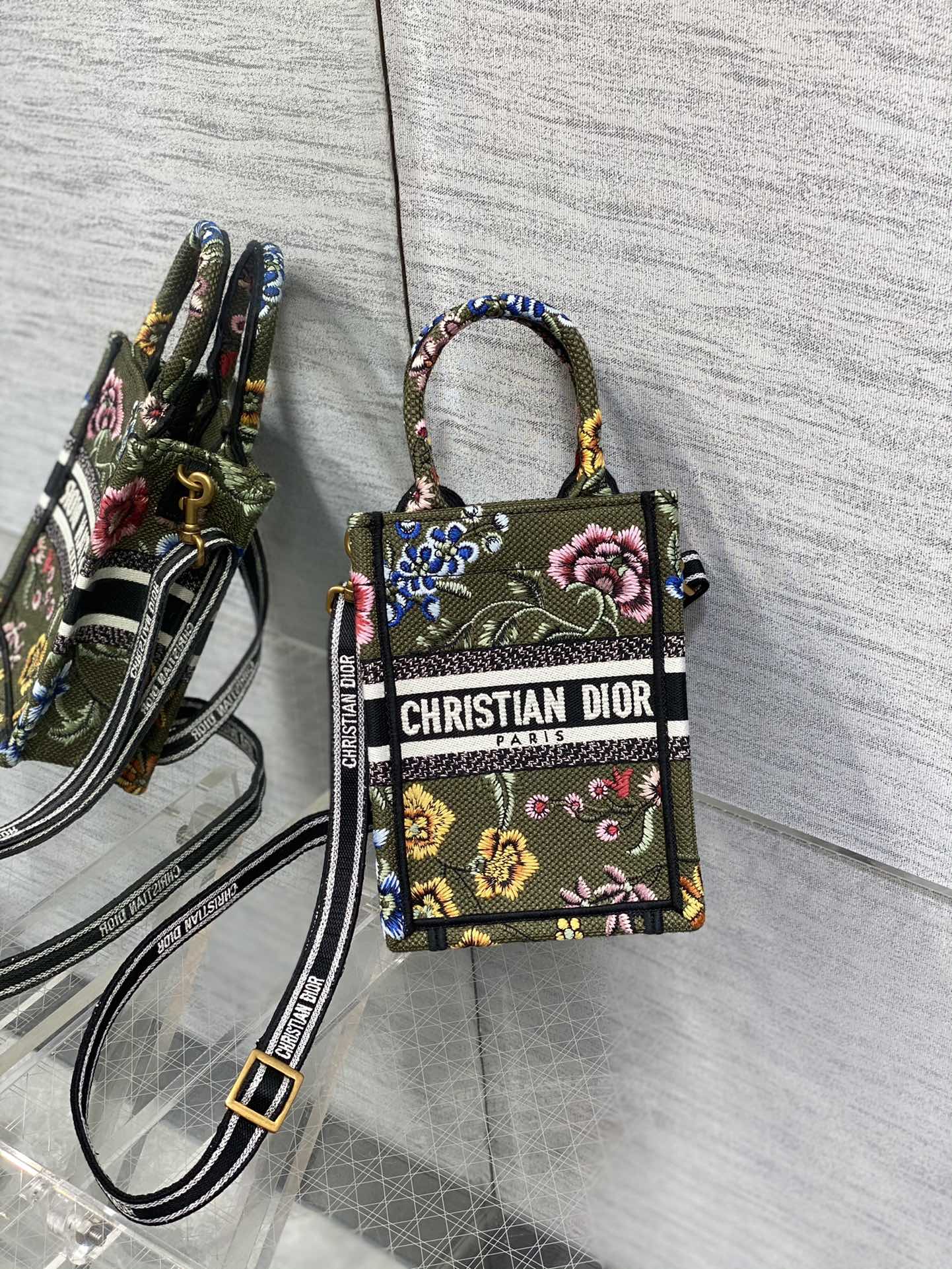 DIOR Vertical Mini Phone Bag Embroidered Letters Adjustable Strap