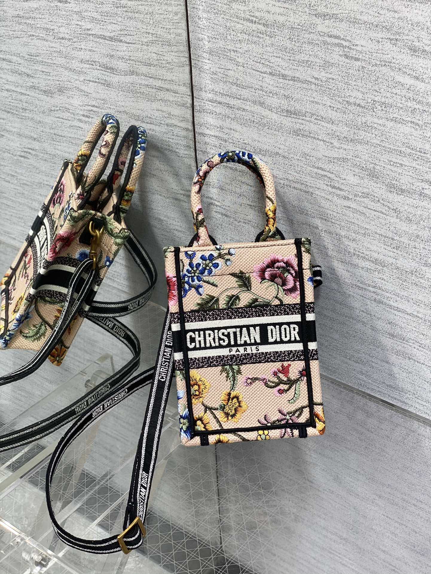 DIOR Vertical Mini Tote Phone Bag Embroidered Letters Adjustable Strap