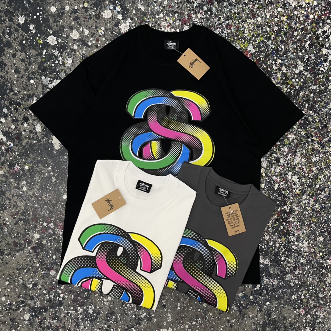 High-quality San 619 Stuscissy T-shirts in Black and White, various sizes available.
