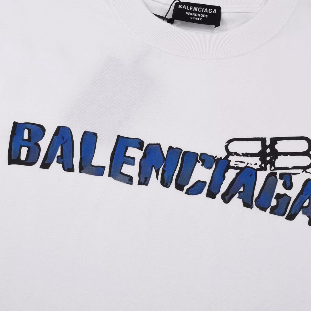 上新160 BALENCIAGA 巴黎世家23Fw夏季新款蓝色水墨字母双B锁扣印花短袖