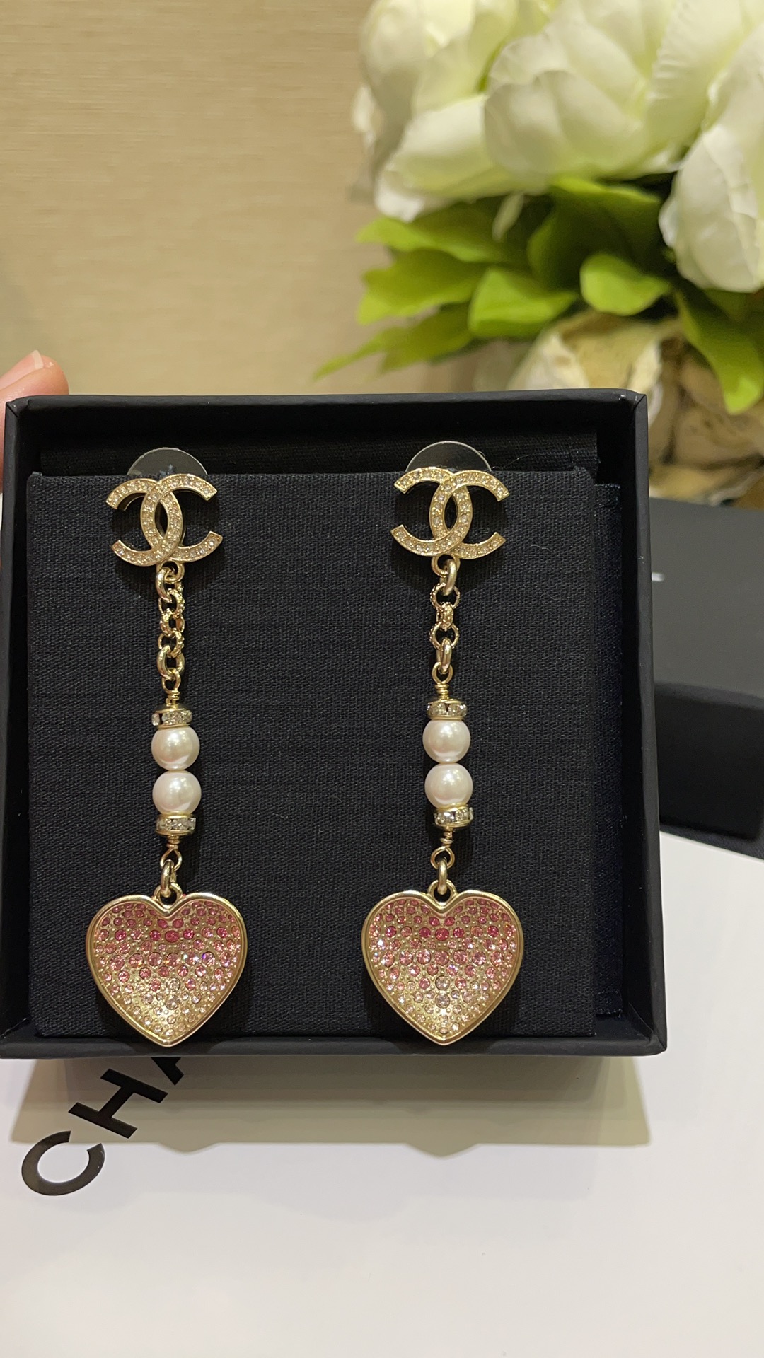 CHANEL Earrings Gold Double C Pearl Heart Pink Diamond