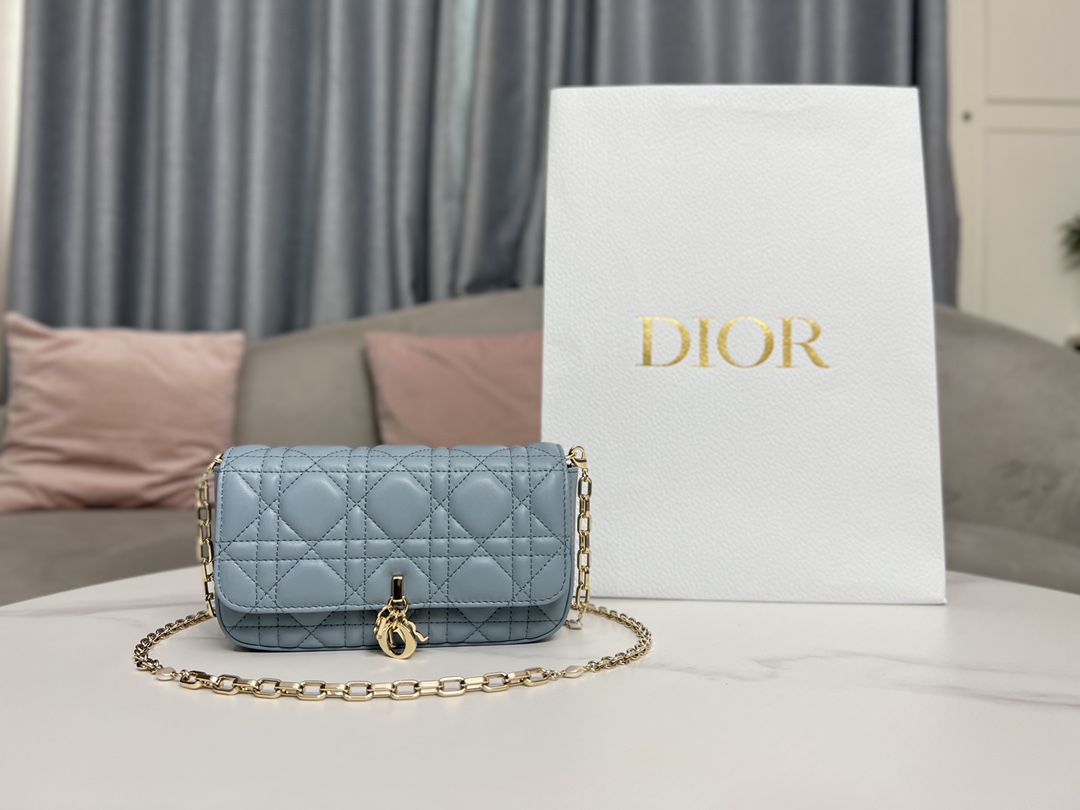 Dior Clutches & Pouch Bags Mini Bags Blue Light Cowhide Lady Chains