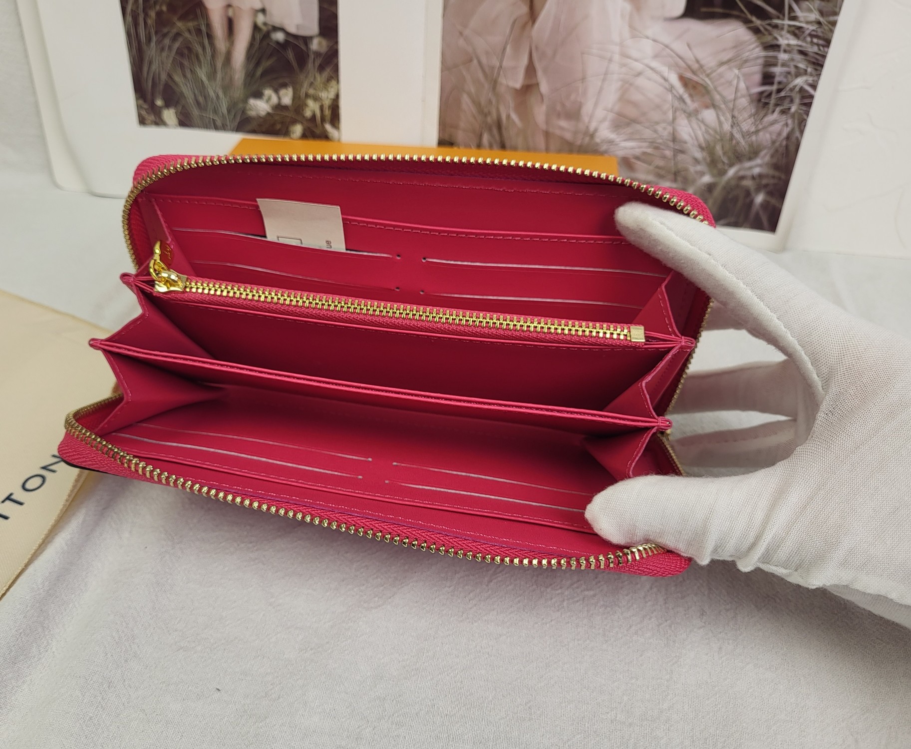 Elegant leather long zipper wallet in use