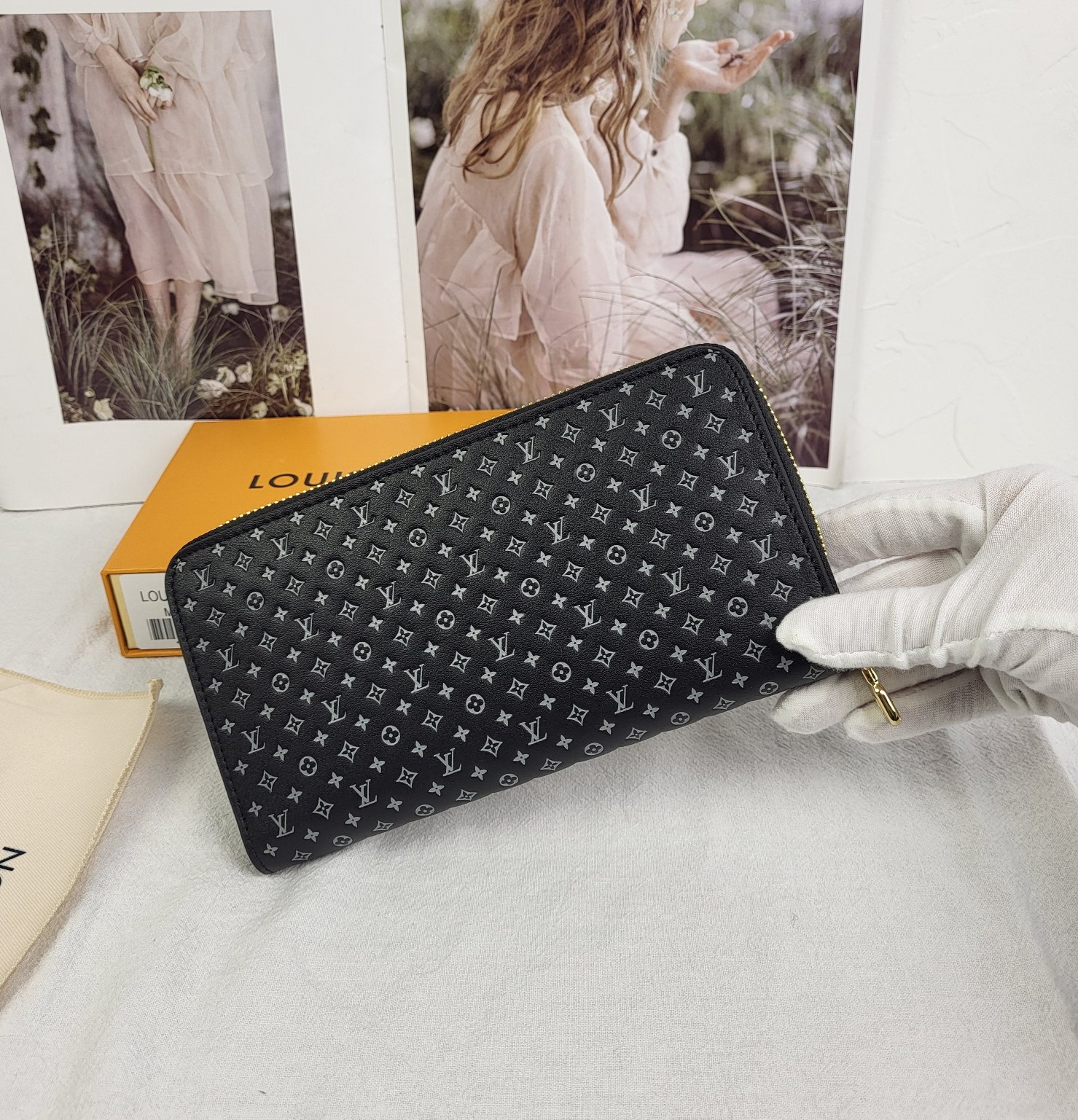 Lifestyle image of the luxury long leather zipper wallet