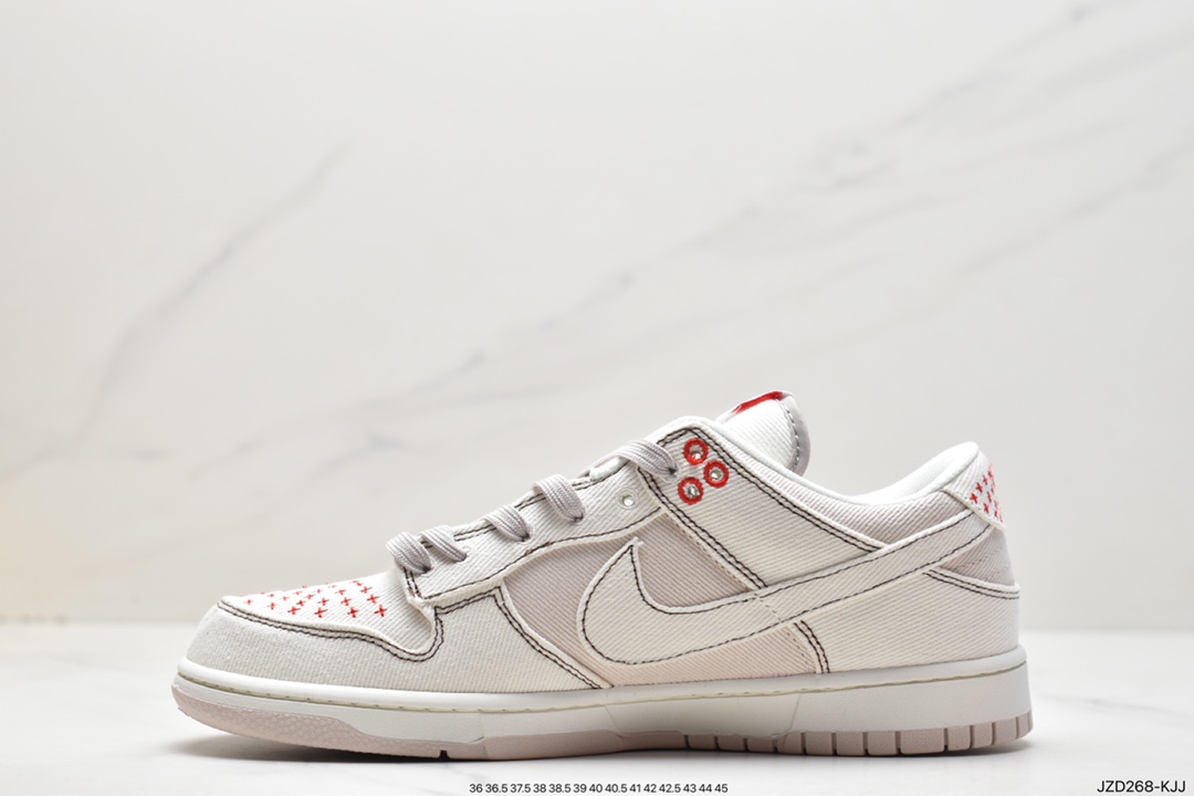 140 耐克Nike SB Dunk Low"Light Orewood Brown"扣篮系列低帮休闲运动滑板板鞋“帆布米白红十字绣”DV0834-100