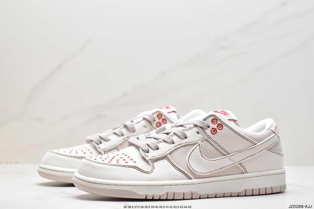 140 耐克Nike SB Dunk Low"Light Orewood Brown"扣篮系列低帮休闲运动滑板板鞋“帆布米白红十字绣”DV0834-100