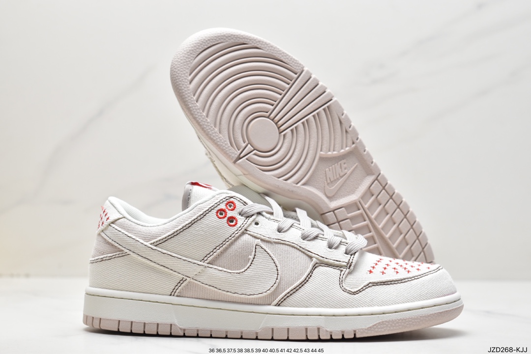 140 耐克Nike SB Dunk Low"Light Orewood Brown"扣篮系列低帮休闲运动滑板板鞋“帆布米白红十字绣”DV0834-100