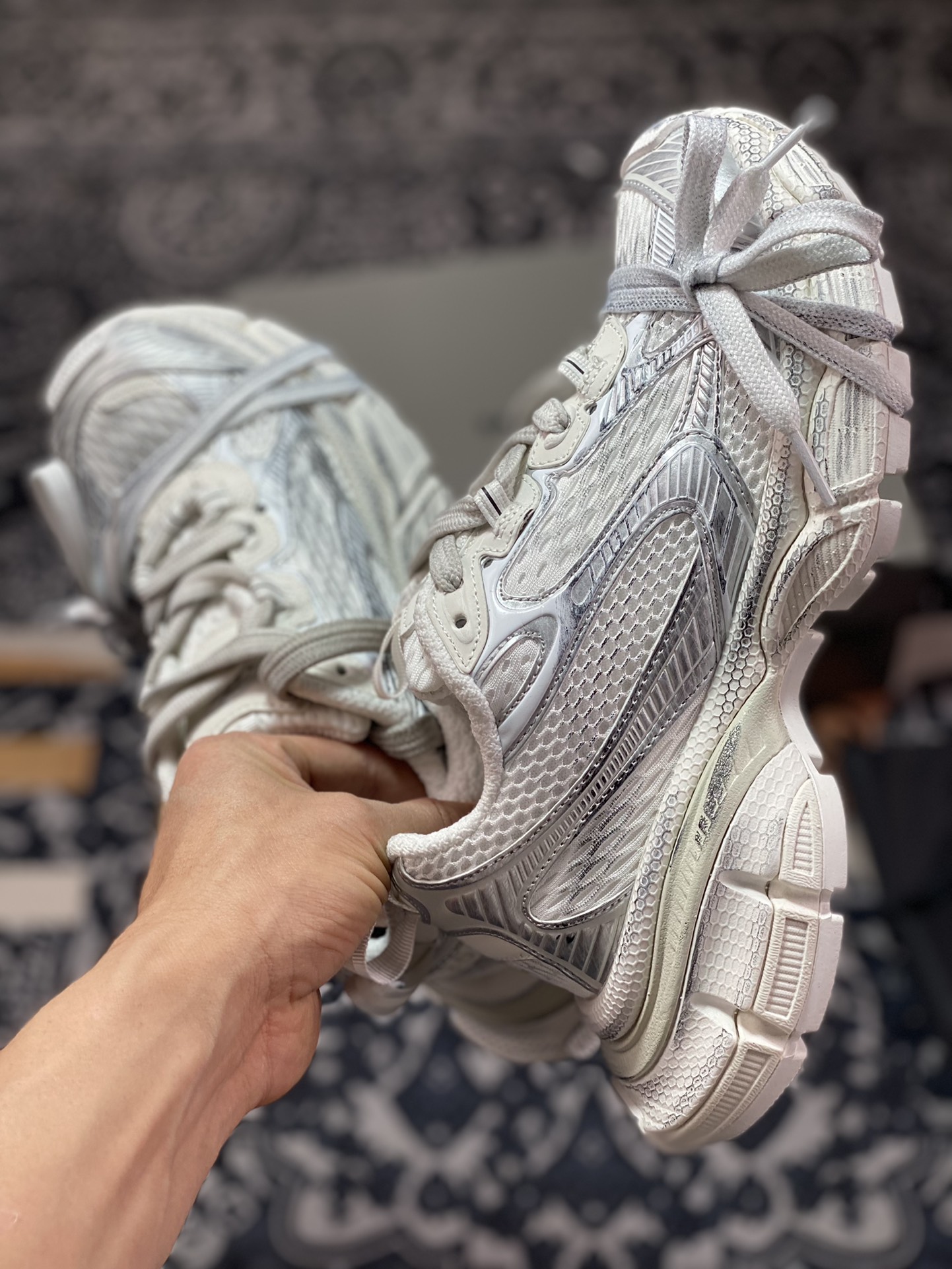 BALENCIAGA 3XL Sneakers 3+ series low-top retro wide-sole daddy-style trendy all-match casual jogging shoes ”mesh woven silver old” 734731 W3XL2 0101