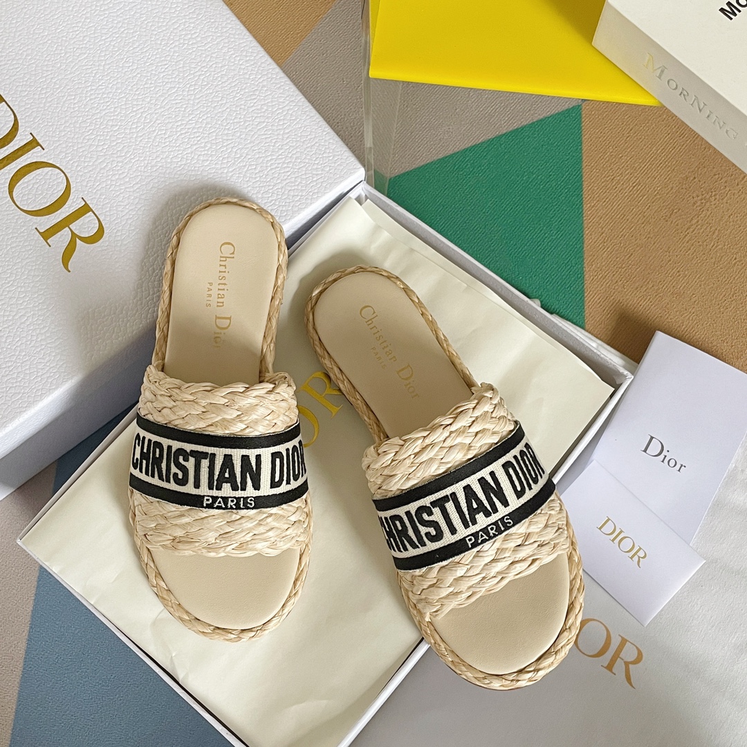 Dior Shoes Slippers Yellow Embroidery Women Cotton Genuine Leather Sheepskin Straw Woven Summer Collection Fashion Casual