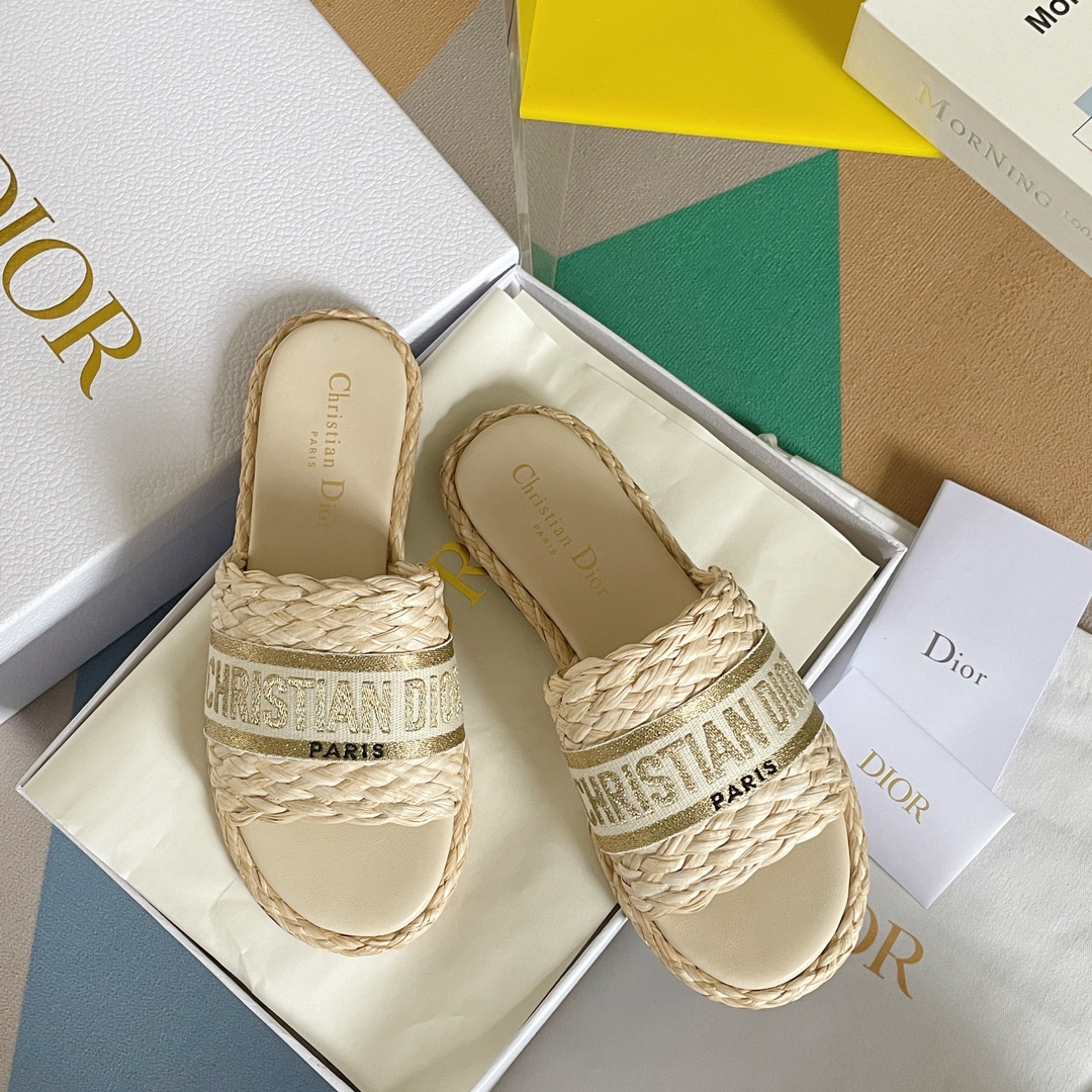 Fashion Designer
 Dior Cheap
 Shoes Slippers Yellow Embroidery Women Cotton Genuine Leather Sheepskin Straw Woven Summer Collection Casual