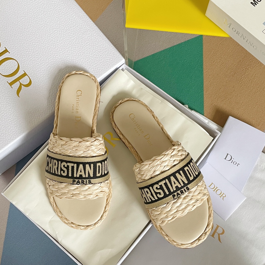 Dior Shoes Slippers Yellow Embroidery Women Cotton Genuine Leather Sheepskin Straw Woven Summer Collection Fashion Casual