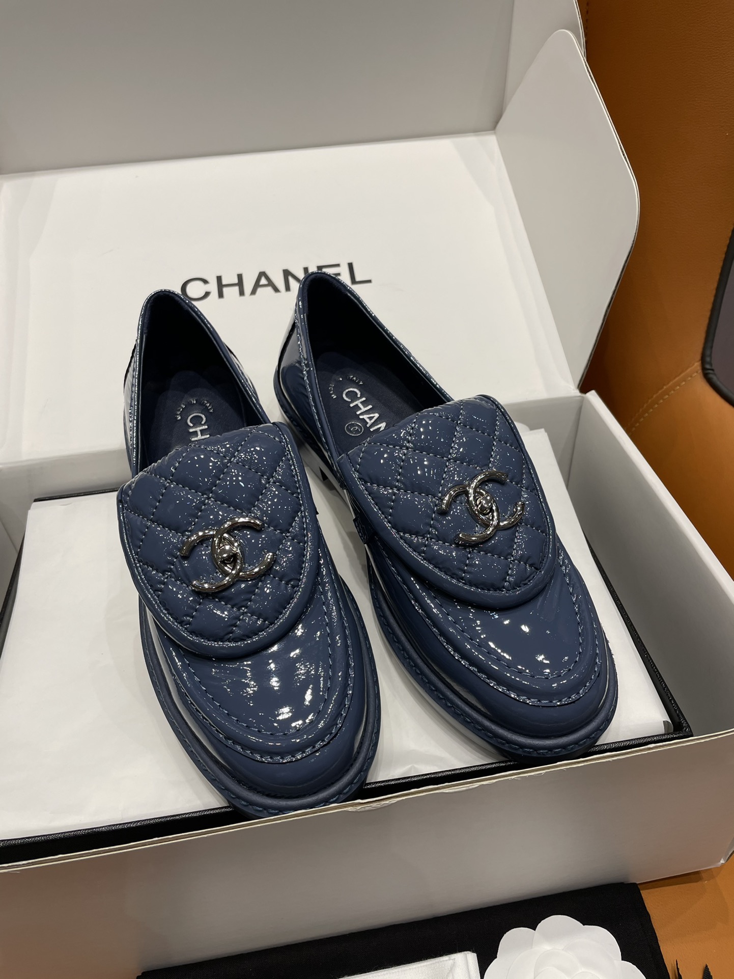 Chanel Shoes Loafers Black Blue Cowhide Genuine Leather Patent Sheepskin