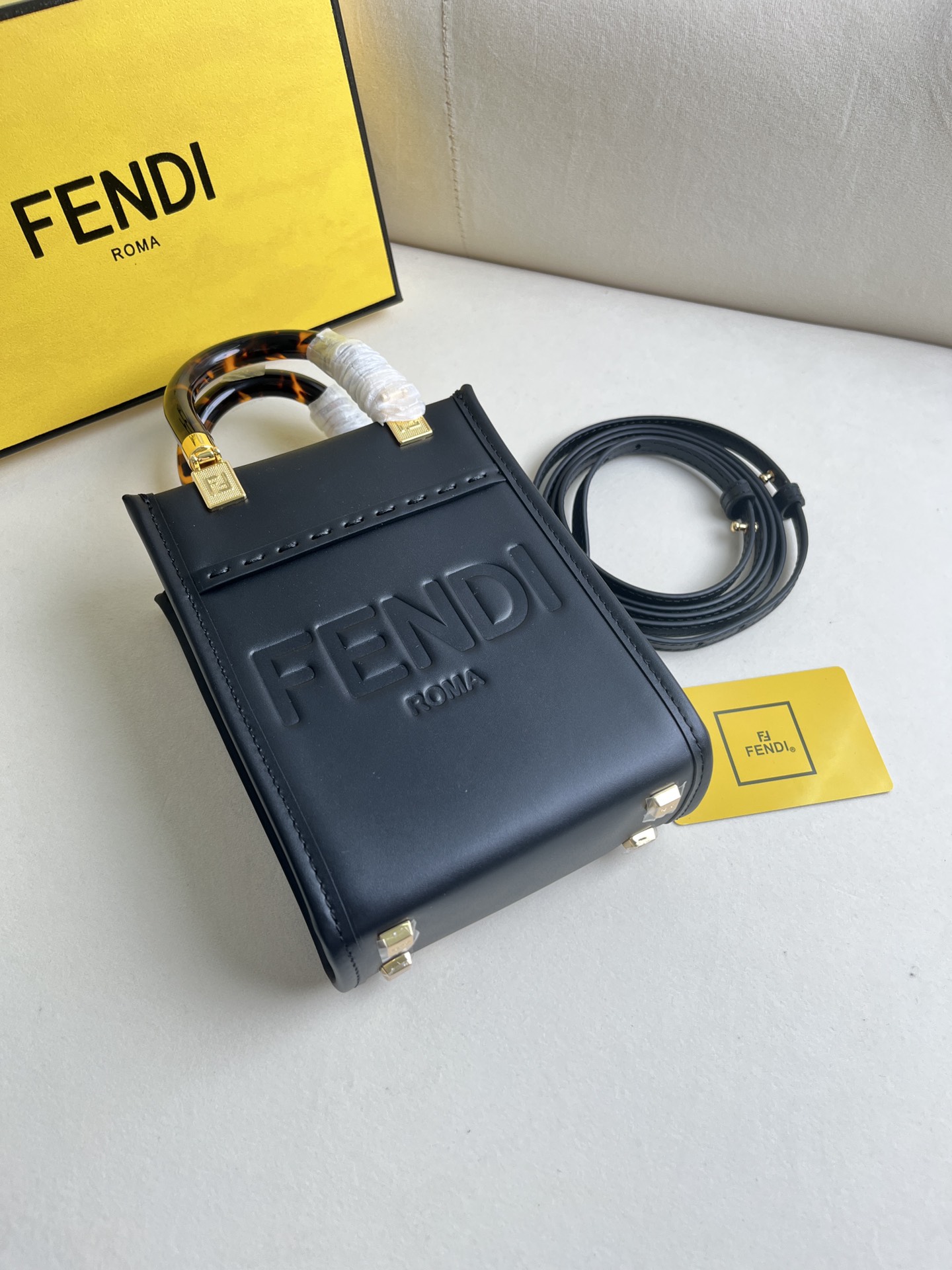 Fendi Sunshine Mini Tote Bag - Black Leather with Tortoiseshell Handles 2 i1681223410 5363 0