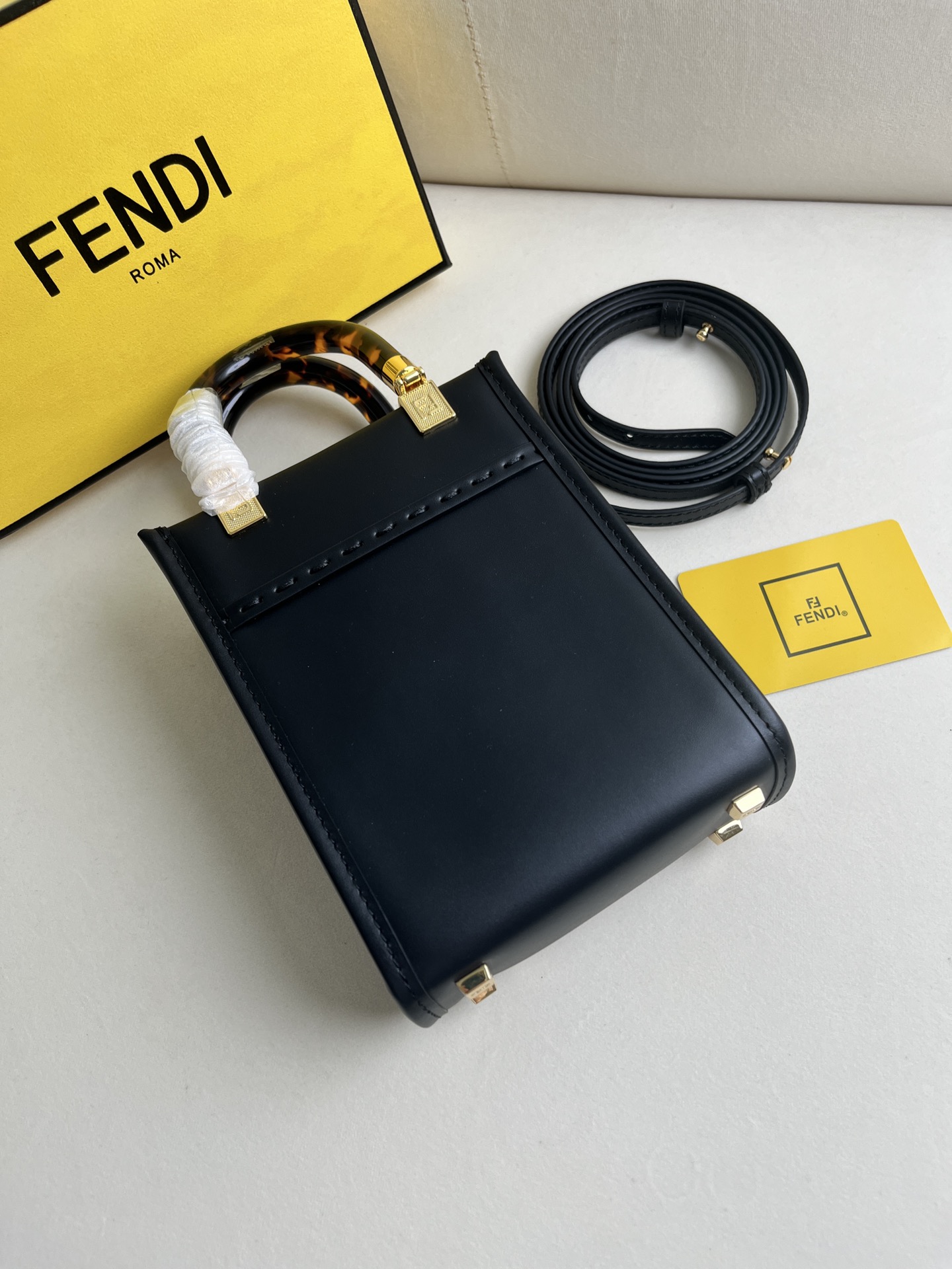 Fendi Sunshine Mini Tote Bag - Black Leather with Tortoiseshell Handles 6 i1681223410 7612 4