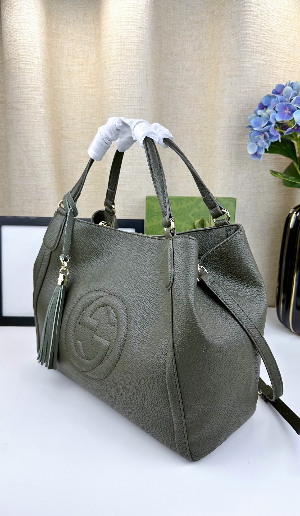 410 G家 经典款式 手提斜挎バッグ 墨绿色 35x29x16cm