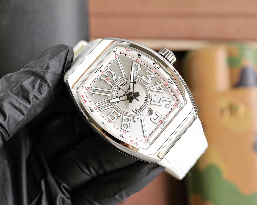 Franck Muller Vanguard V45 SC DT caja plateada, esfera blanca, correa blanca 54 mm Automático para hombre